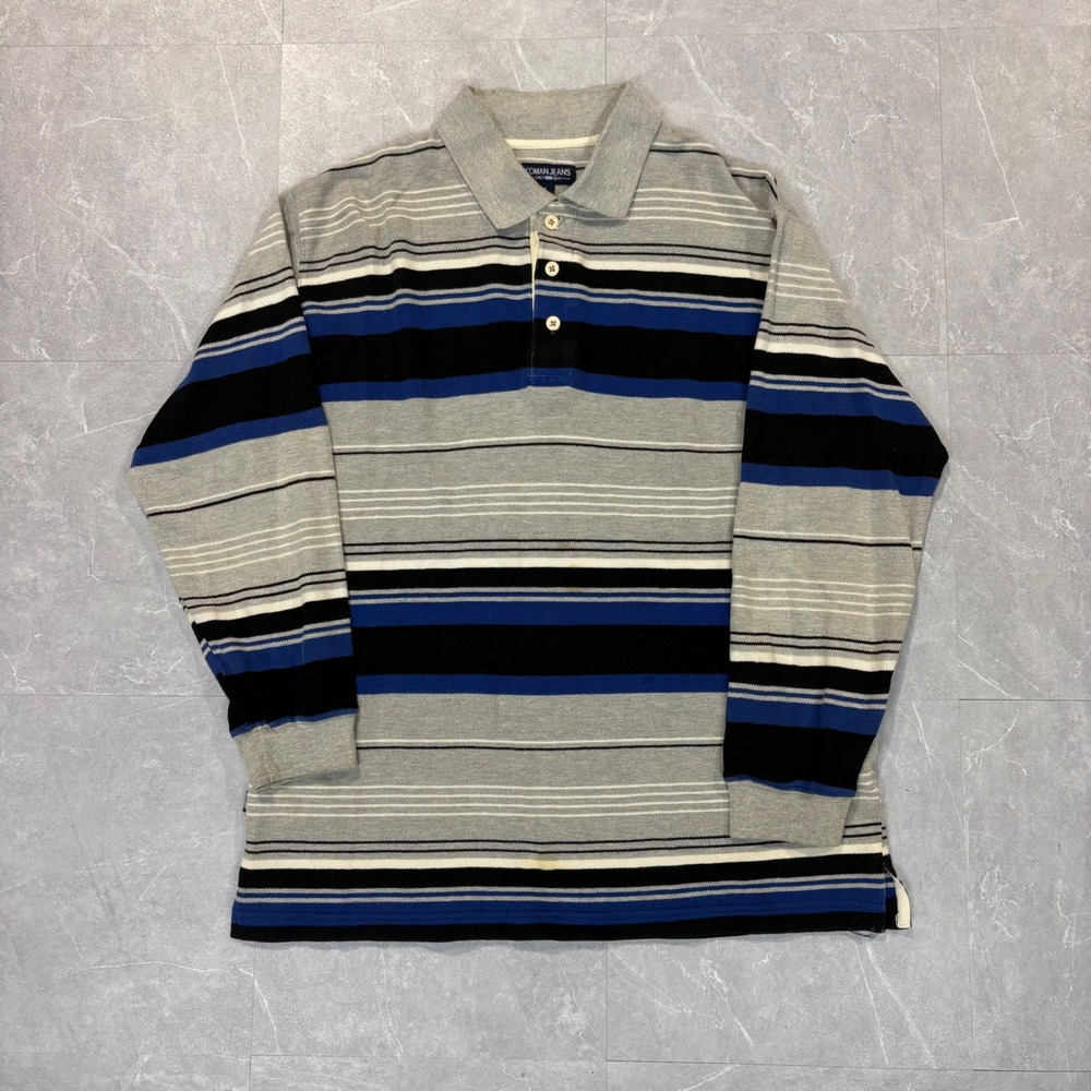 Koman Jeans Mens Long Sleeve Striped Polo Shirt Grey Blue Black Size M